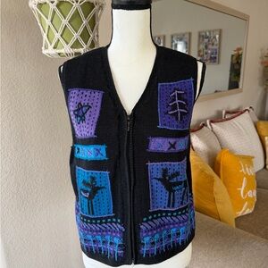 Women’s Sigrid Olsen Black and Purple Knit Vest with Graphic Design